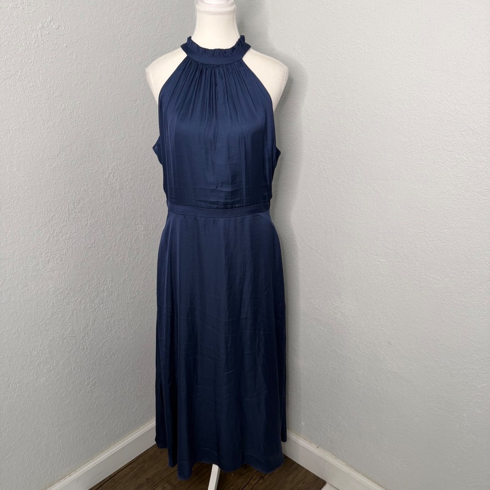 Elie Tahari Navy Blue Halter Neck Ruffle Midi Dress Size 10 Silk Blend Cocktail